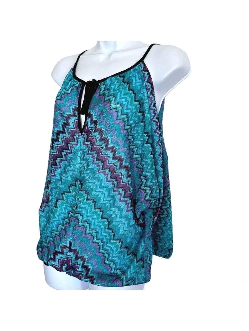 Karina Grimaldi Women's Blue Chevron Knit Cold Shoulder Blouse with Tie Front, S